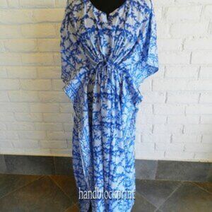 Women Blue & White Cotton Long Kaftan, Caftan Swimsuit Coverup. One size